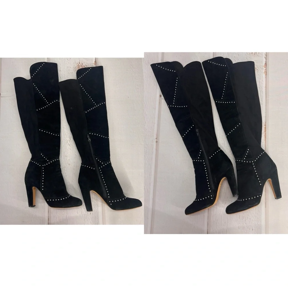 VINCE CAMUTO Carlene Black Embellished Leather‎ Suede Over The Knee Boots 6 1/2M